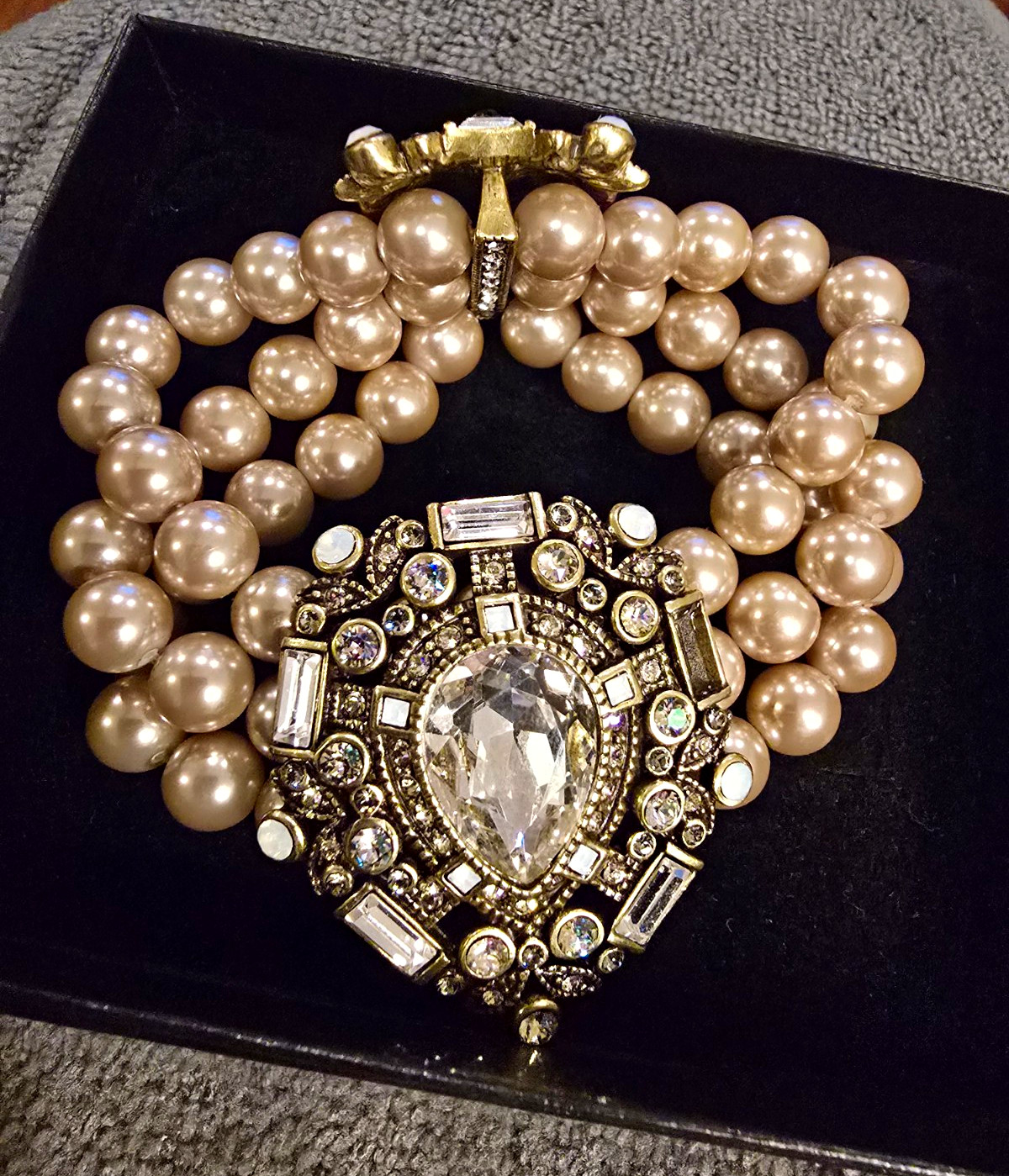 Heidi Daus Multi-Strand Faux Pearl Beaded Bracelet Box Clasp Crystal, Size 6
