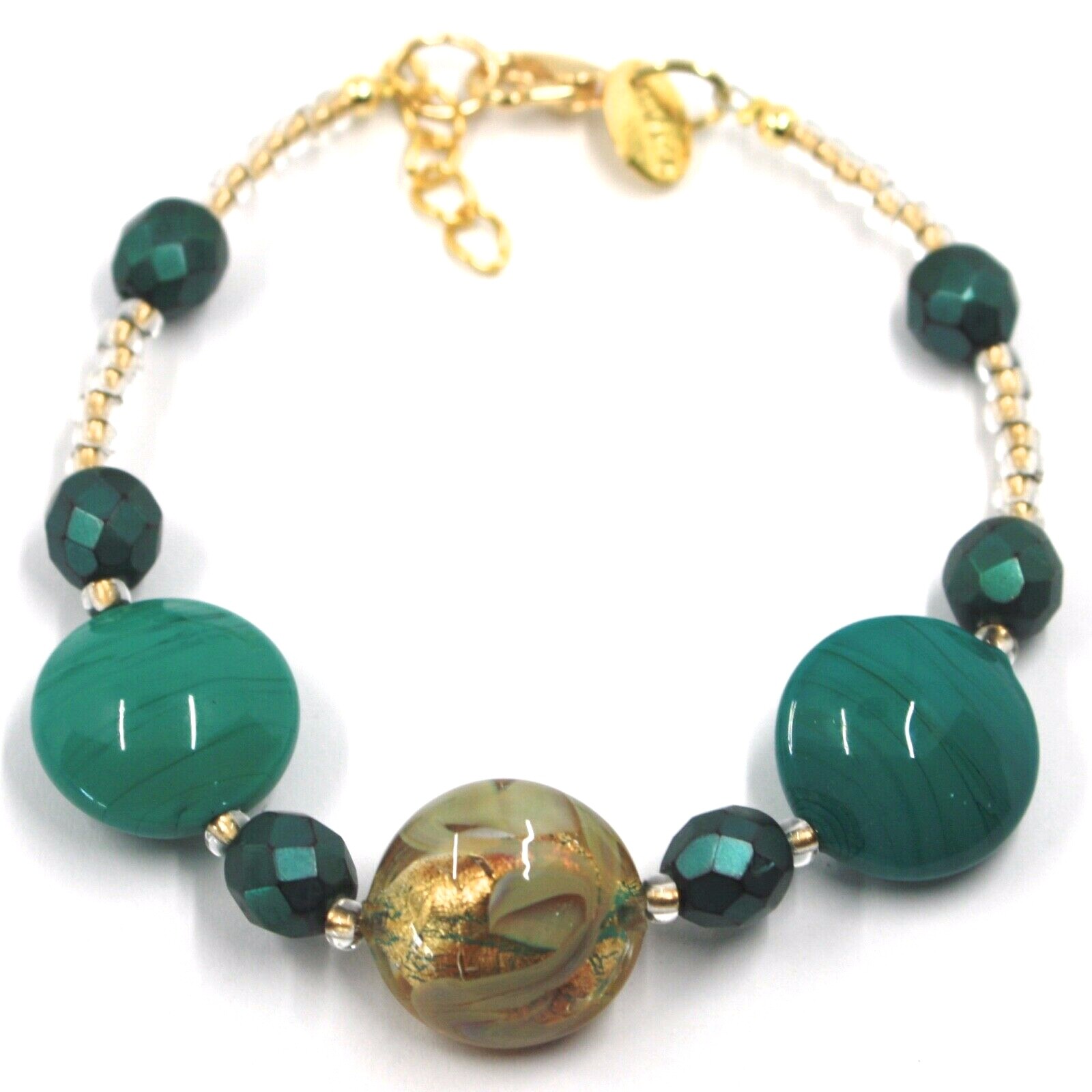 BRACELET GREEN YELLOW MURANO DISC GLASS & GOLD LEAF, MADE IN ITALY, 20cm, 7.9″