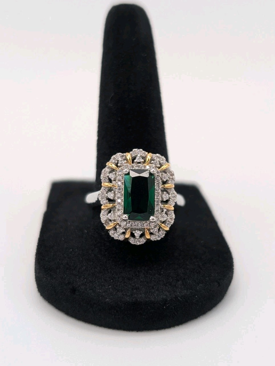 3.75 Carat Simulated Emerald Baguette CZ Halo Ring 14k Gold Plated Sterling 925