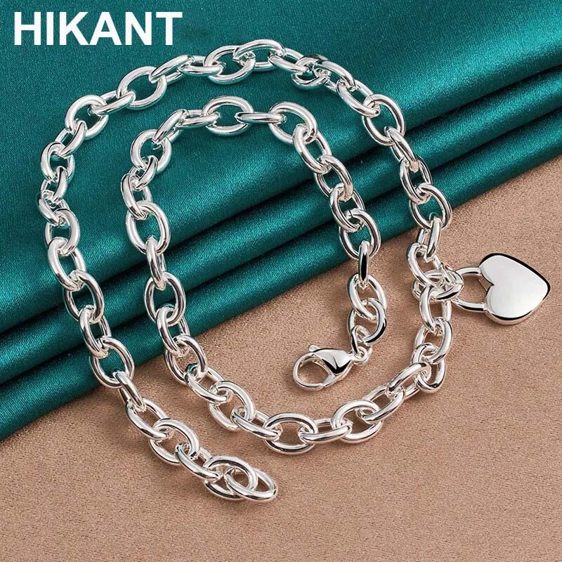 925 Sterling Silver Heart Pendant Thick Chain Necklace Women Charm Jewelry