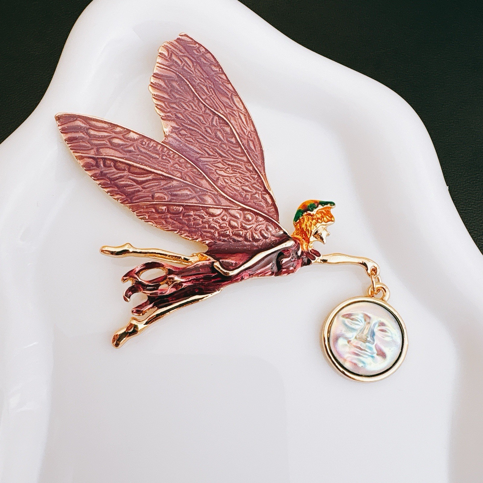 Vintage-Inspired Enamel Fairy Brooch Pendant Pink Wings Moon Star Gold Tone Pin