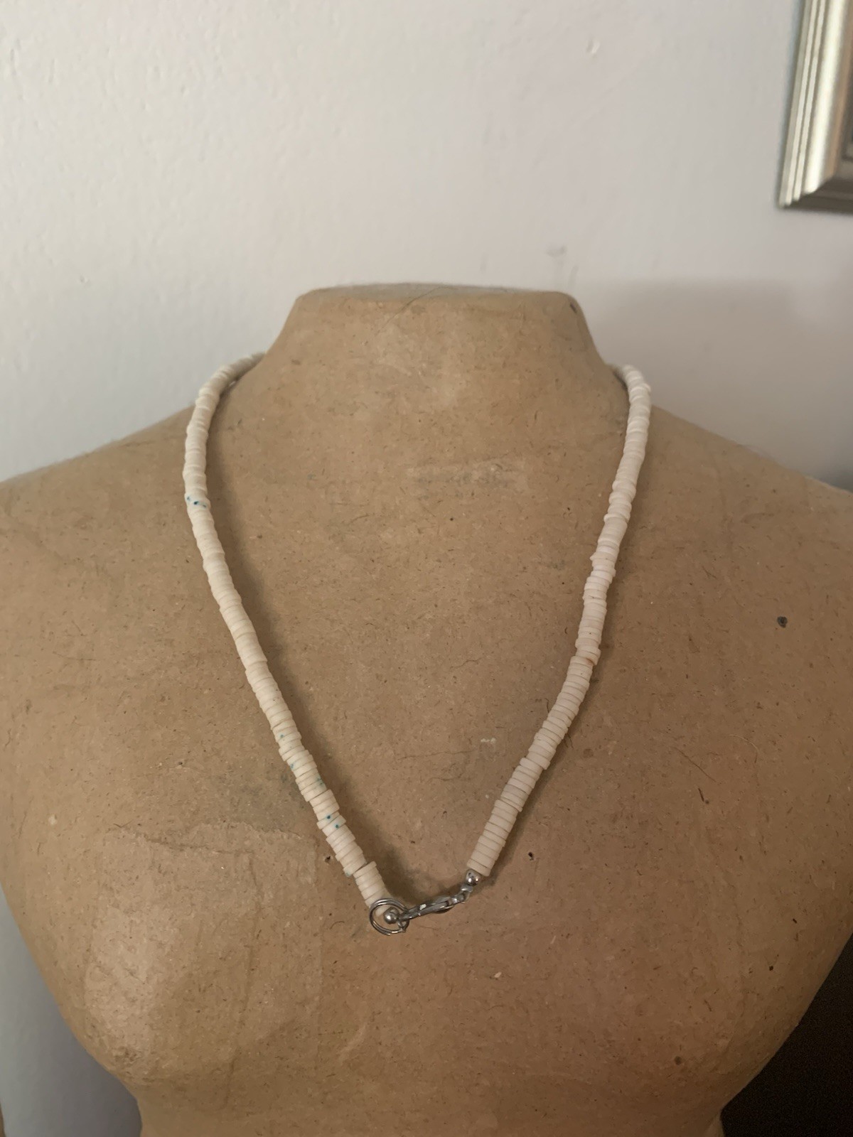 White Beaded Pendant Necklace w/ Red Round Charm Pendant, Lobster Clasp