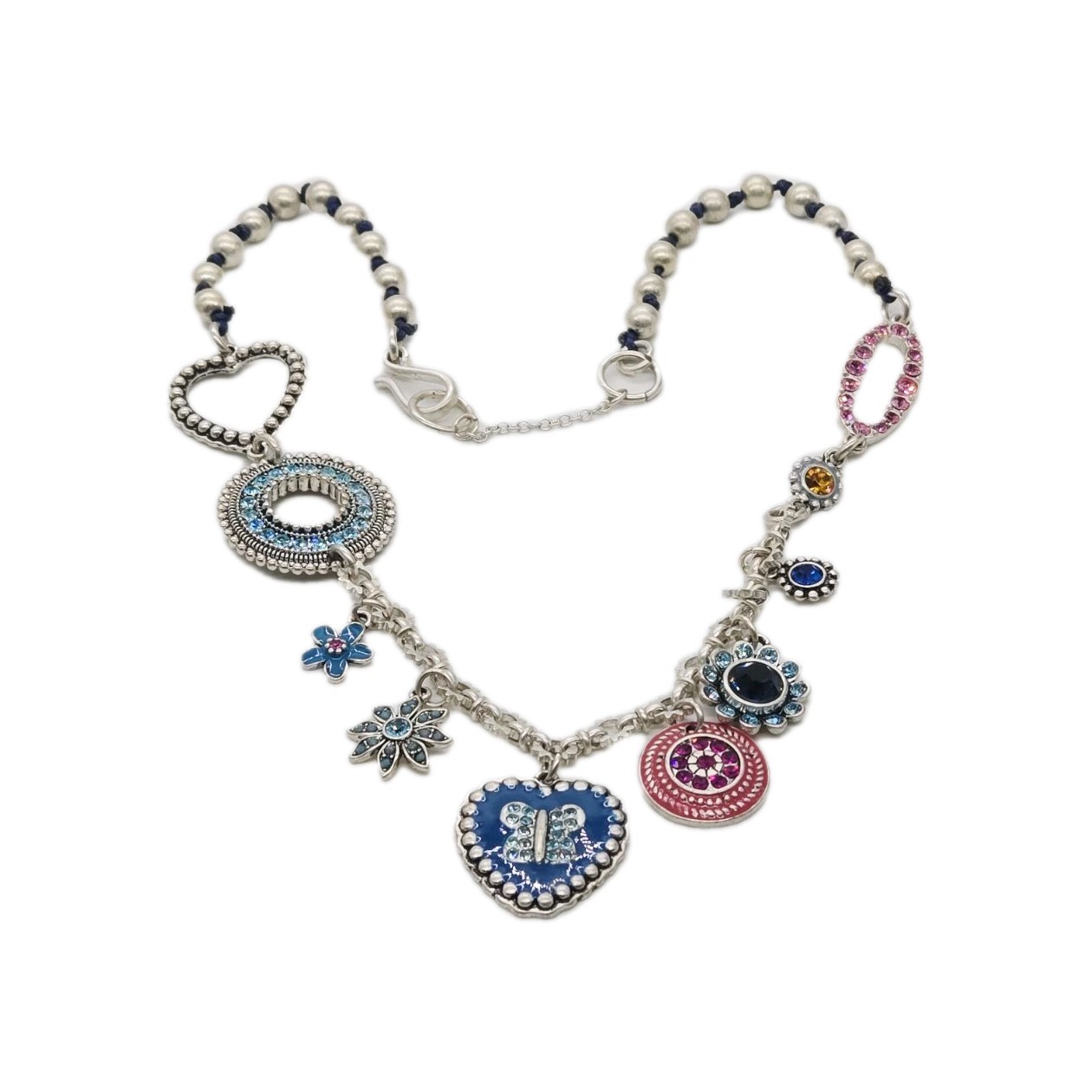 Jessica Simpson Charm Necklace Multicolored enamel Silver tone Crystal 19 in