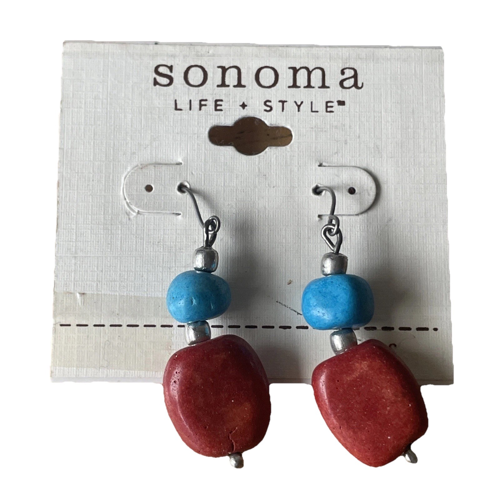 Sonoma life+style hook earrings w/ dangling Coral Red & Turquoise Faux Stones 2”
