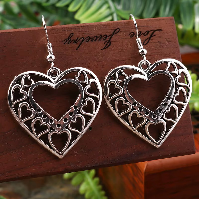 Vintage Ethnic Heart Dangle Earrings Love Charm Boho Jewelry Gift for Women Girl