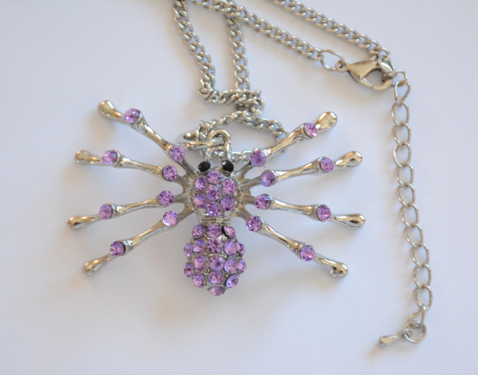 Spider Shape Halloween Necklace / Purple Crystal Chip / 18-20 Silver-tone Chain