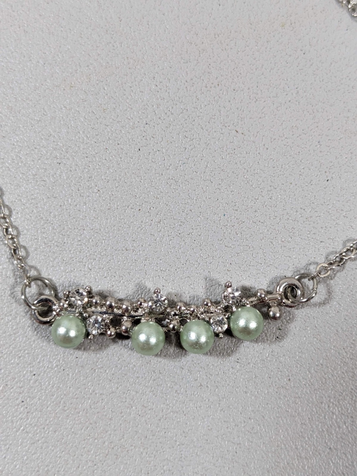 Silver Tone Green Faux Pearl Crystal Bar Pendant Necklace 19 inches