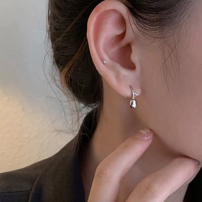 925 Sterling Silver Tulip Flower Hoop Earrings Cute Floral Dangle Earrings 322