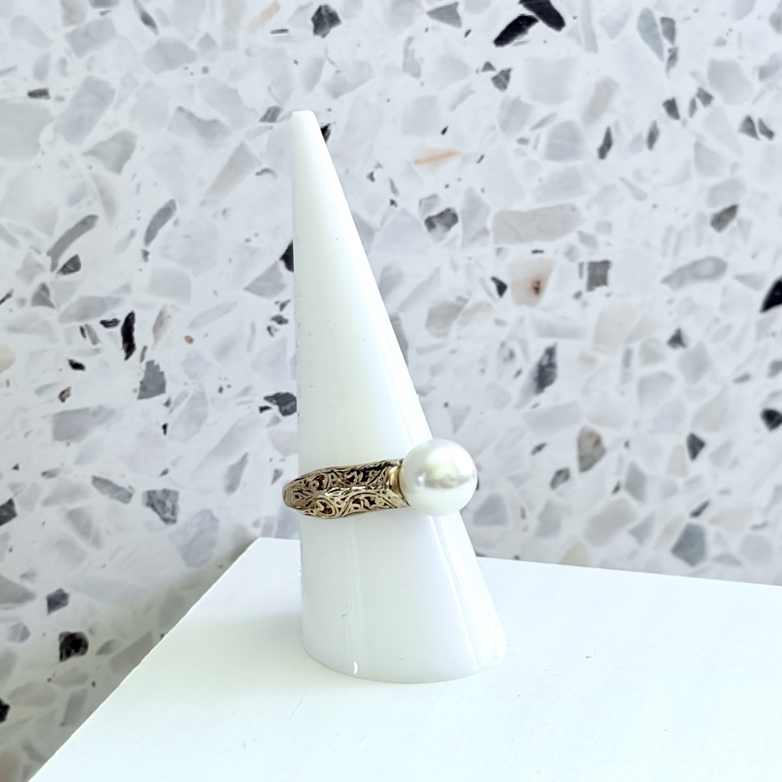 Freshwater Pearl 14k Yellow Gold & 925 Sterling Victorian Women’s Ring