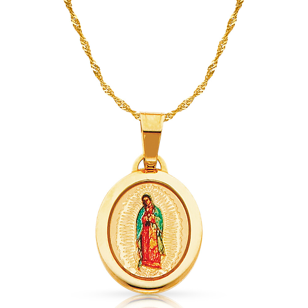 14K Yellow Gold Our Lady of Guadalupe Enamel Picture Charm Pendant with 0.9mm Si