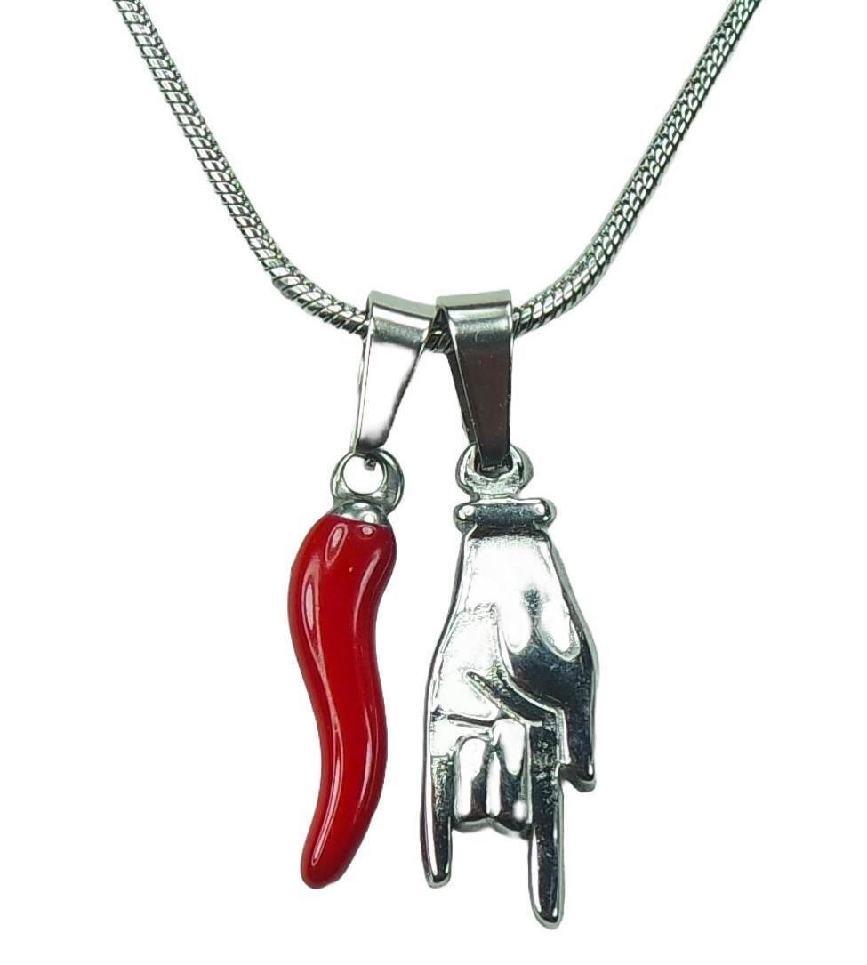Small Red Cornicello and Mano Cornuto Necklace, Italian Hand Horn Protection