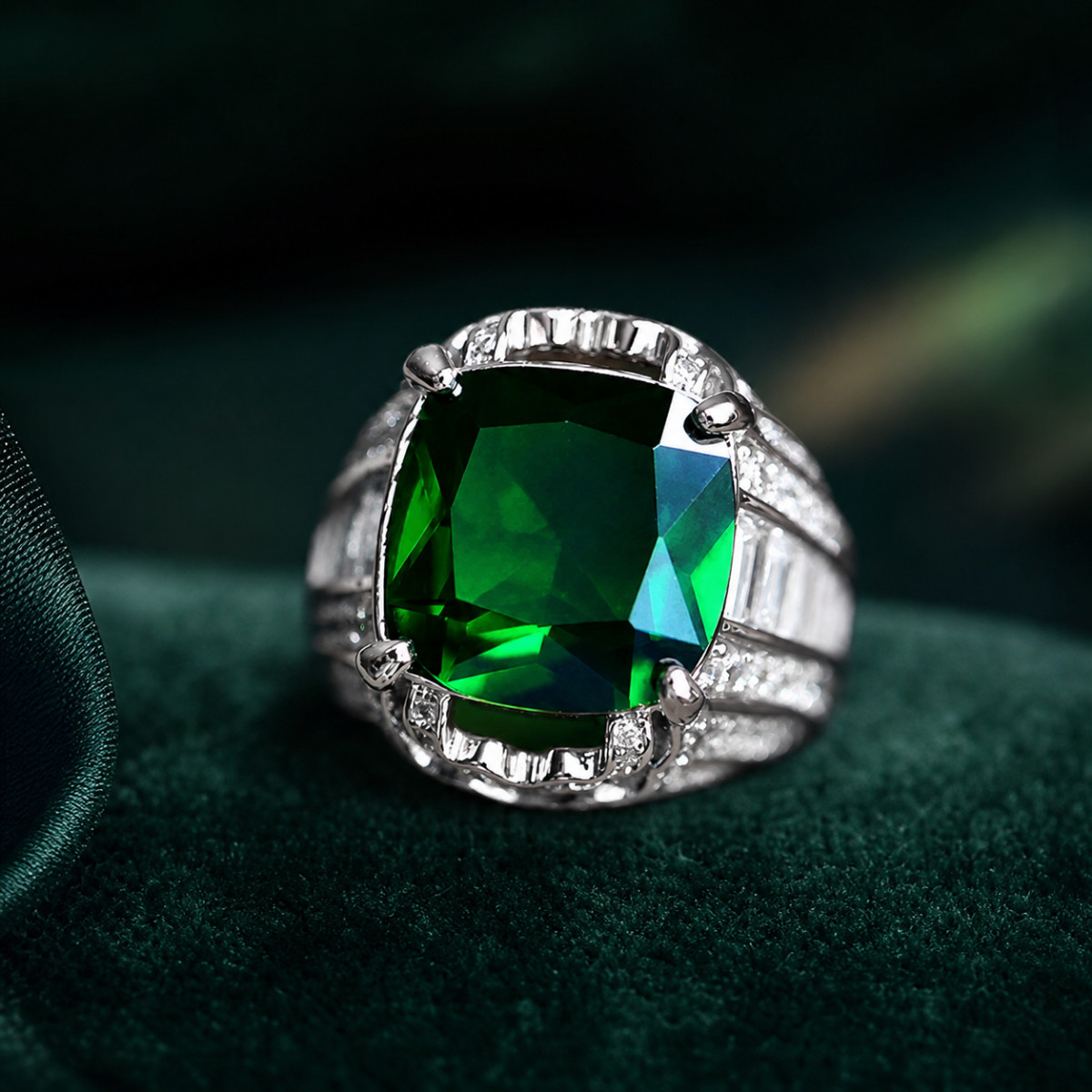 𝟵𝟮𝟱 Silver Filled Ring Women Green Emerald Cushion CZ Cocktail Statement Sz 8