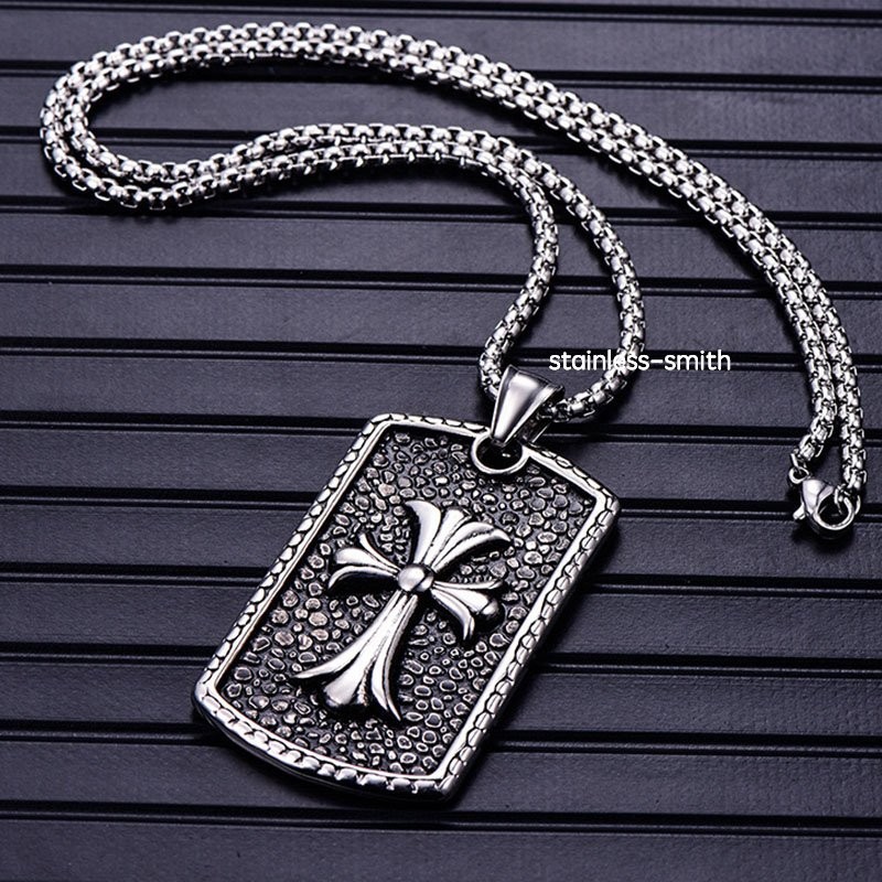 SMITH Cool Mens Large Dog Tag Religious Christian Cross Pendant Necklace For Men