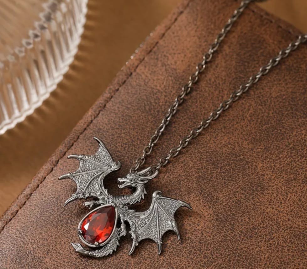Gothic Dragon Pendant Necklace with Red Gemstone – Fantasy Jewelry Unisex