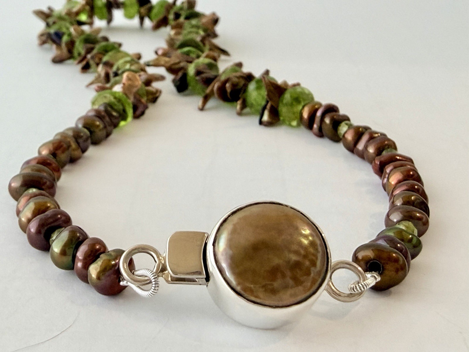 Authentic Faceted Peridot & Brown Pearl branches necklace 17” Pearl Clasp 925