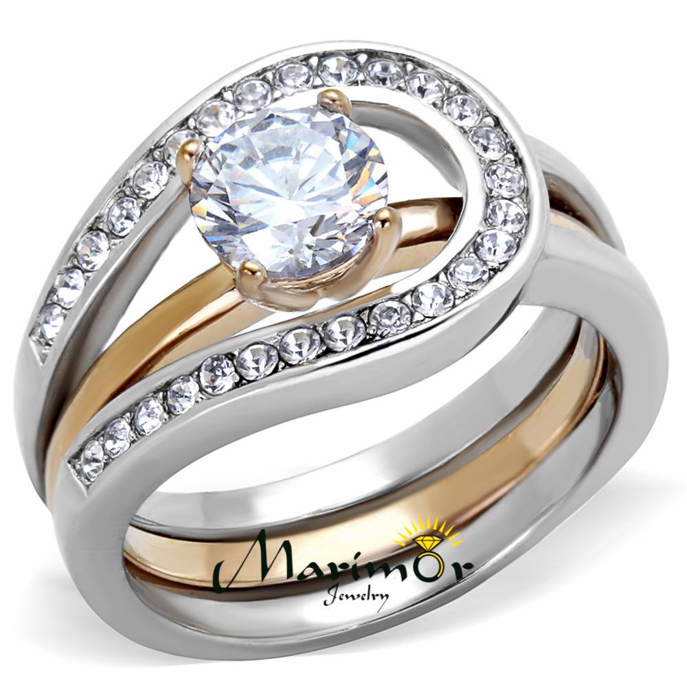 1Ct Round Cut Two Toned Stainless Steel 2 Piece Wedding Ring Set Women’s Sz 5-10