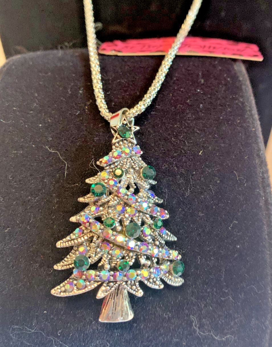Betsey Johnson Christmas Tree with Deep Green Crystals Necklace or Brooch Dual