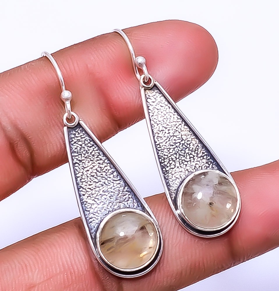 Golden Rutilated Quartz 925 Sterling Silver Earring 1.76″ E56, Christmas Gift