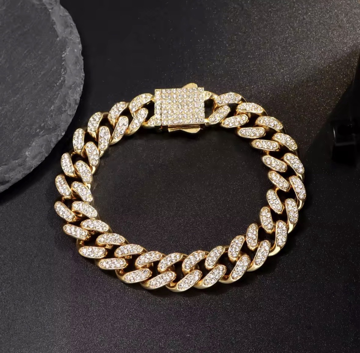 Gold Cuban Link Chain Bracelet Pavé Round Crystal Box Clasp 20 cm
