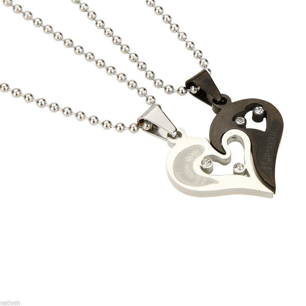 1Set Stainless Steel Couple Necklace Pendant Love Heart Matching With Chain