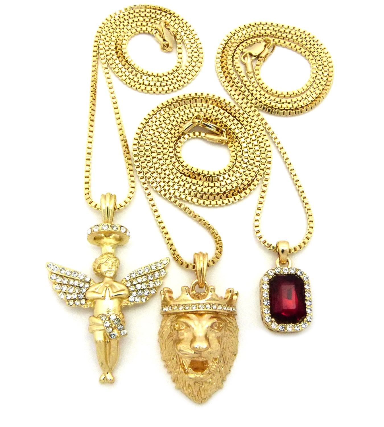 NEW KING LION, ANGEL & STONE PENDANT &BOX CHAINS 3 NECKLACE SET RC1413