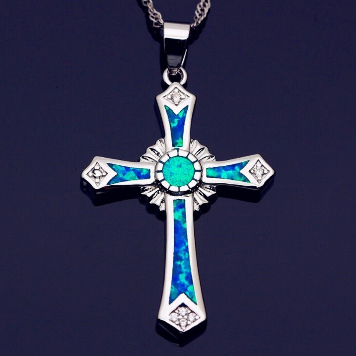 Opal Cross Pendant Necklace Christian Jewelry for Men Women with Chain Gift