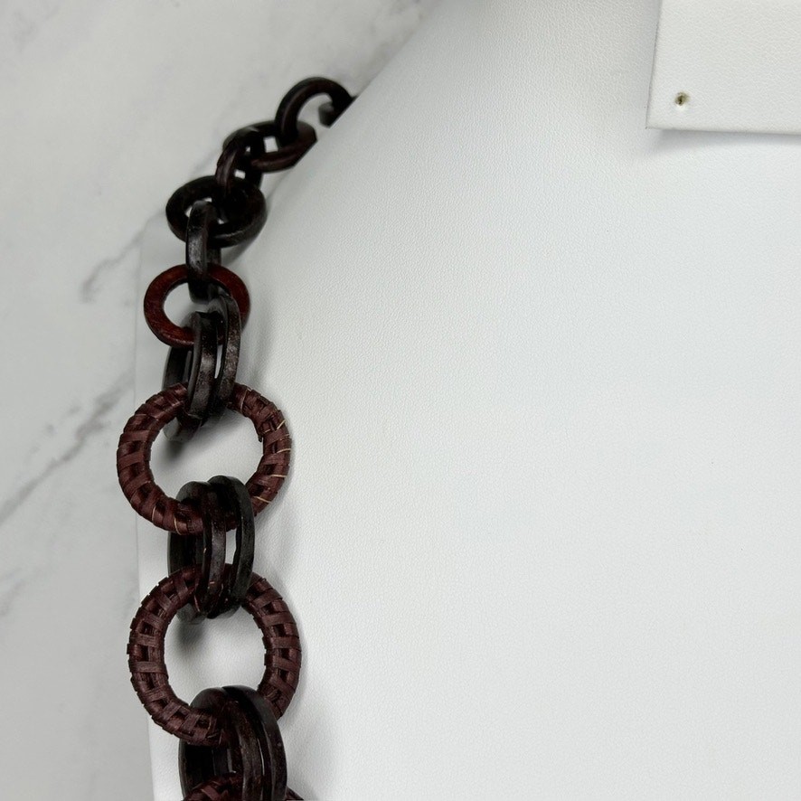 Dark Brown Wood Ring Link Cord Wrapped Chain Necklace Boho Artisan 30″ Slip On