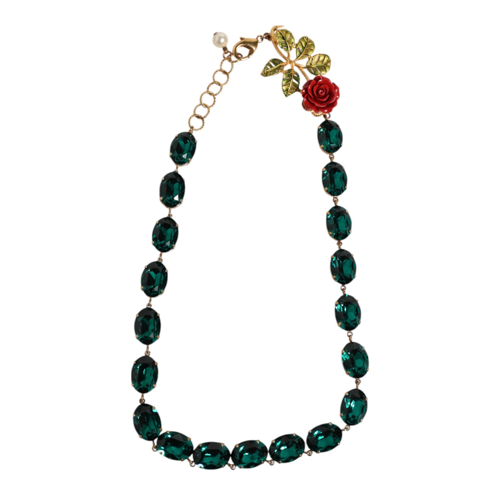 DOLCE & GABBANA Necklace Red Rose Green Crystal Gold-Tone Chain Women Jewelry