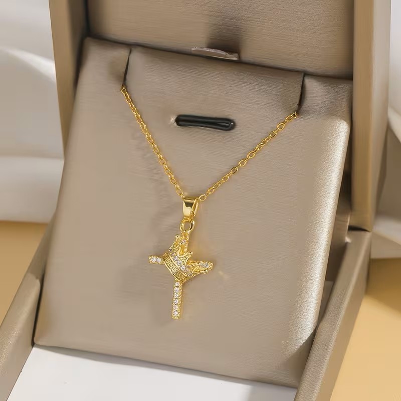 Gold Jesus Cross Crown of Thorns Pendant Necklace Bling Hip Hop Christian Gift