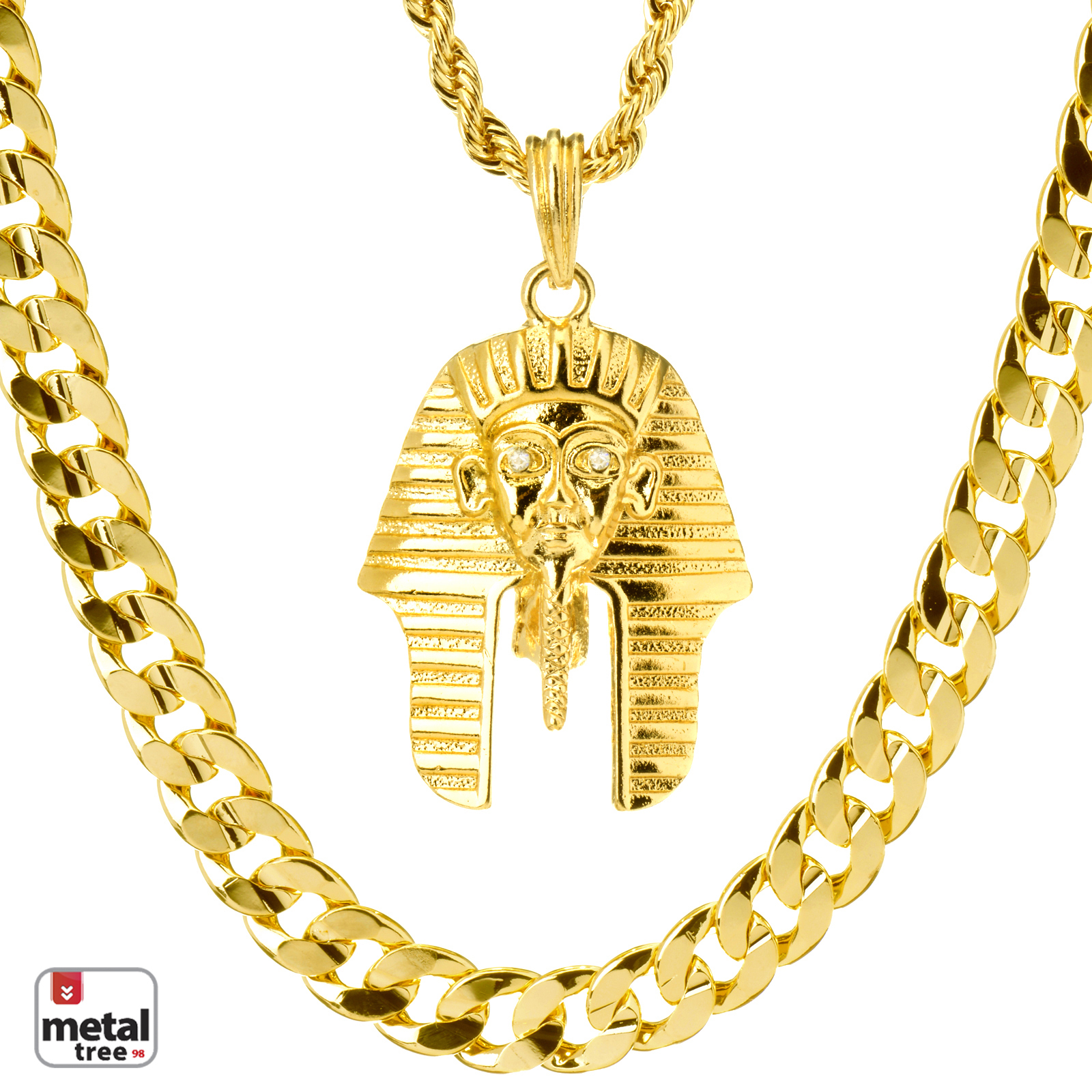 Eqyptian Pharaoh Head Pendant 22″ Rope & 30″ Concave Cuban Heavy Chain MHC 34 G
