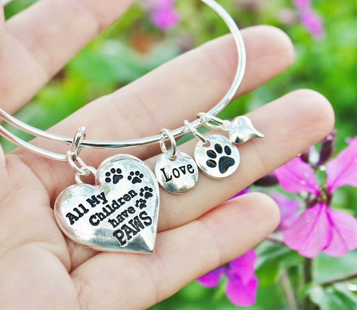 Pet Mom Expandable Wire Bangle Bracelet Paw Print Sterling Silver Plt Dog Cat