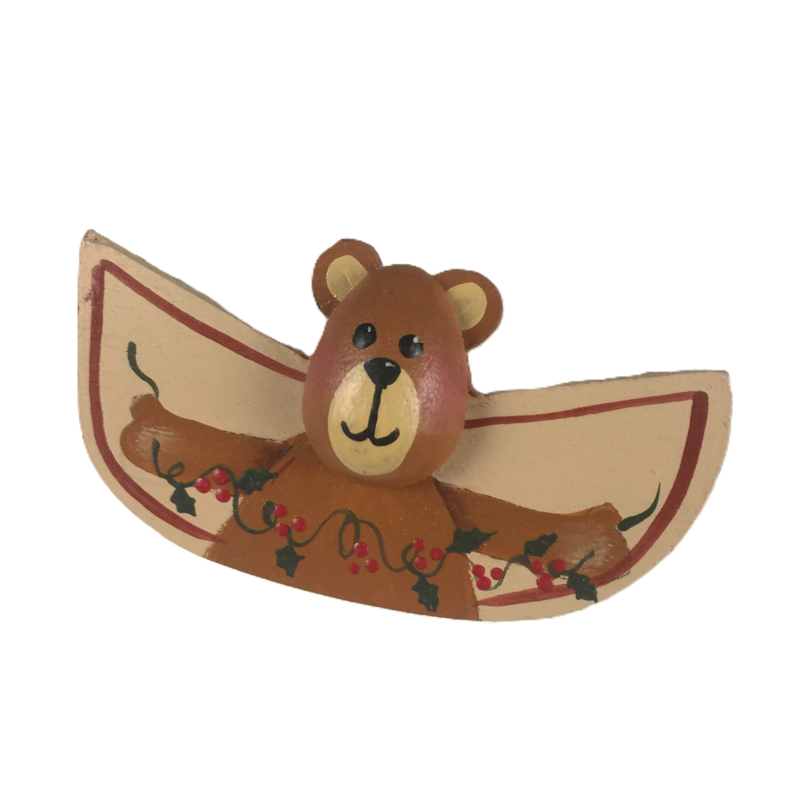 Brooch Christmas Pin Bear Holly and Berries Wooden Hand Painted Bar Back VTG
