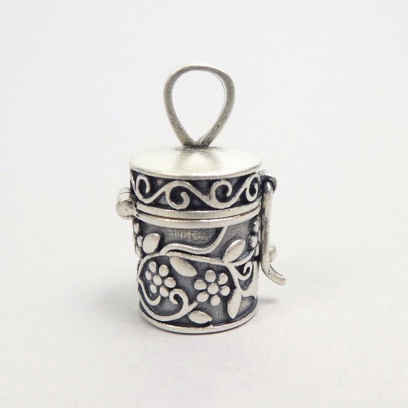 Sterling Silver Ornate Floral Vine Cylinder SML Prayer Box Locket Charm Pendant