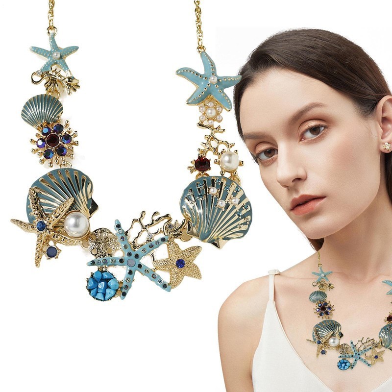 Starfish Seashell Necklace Pearls Beach Nautical Statement Jewelry Pendant Chain