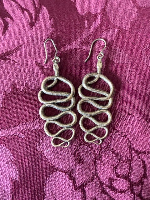 2 Pair Dangling Snake Earrings: Gold Color Metal Rhinestone & Mythology Tribal