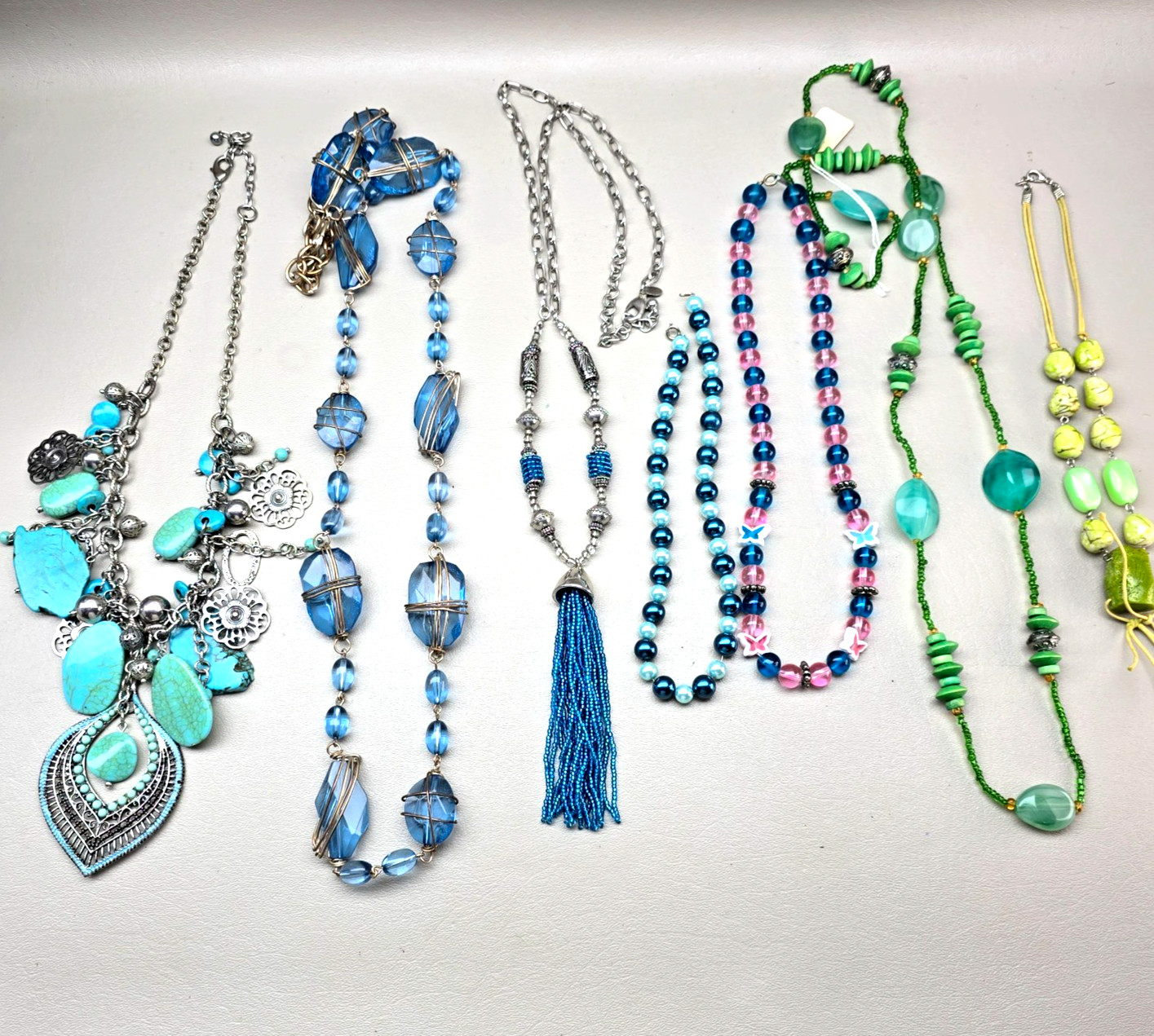 Blue Necklace Lot Green Beaded Statement Tassel Faux Pearl Glass