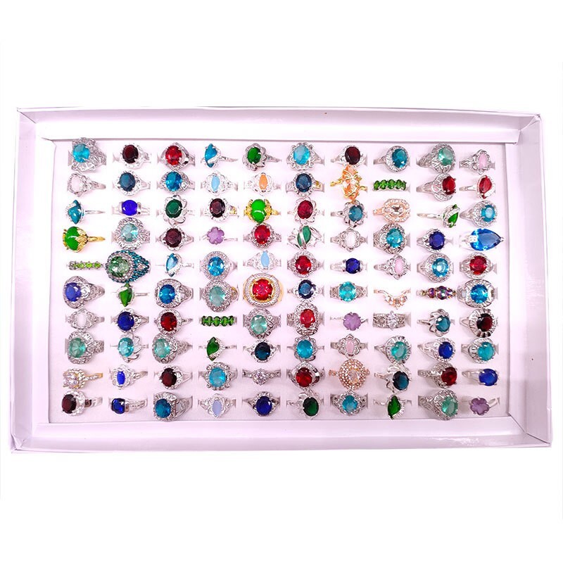 Wholesale 100pcs Colorful Gemstone Alloy mixed Women with display box rings