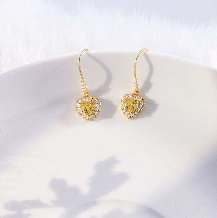 925 Sterling Silver Yellow & Clear CZ Heart-Shaped Dangle Drop Earrings gift F1