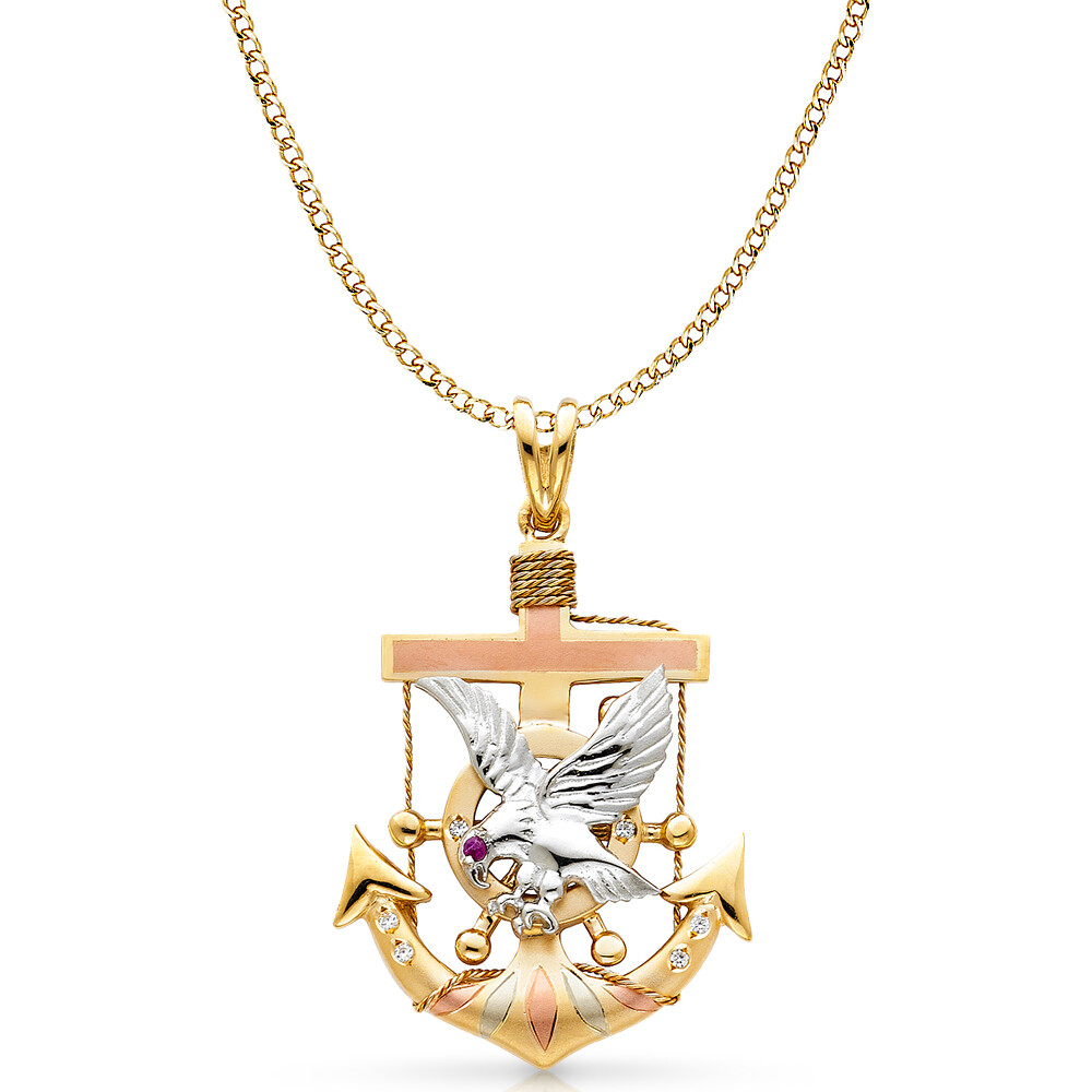 14K Tri Color Gold Eagle Anchor Charm Pendant &4.9mm Hollow Cuban Chain Necklace