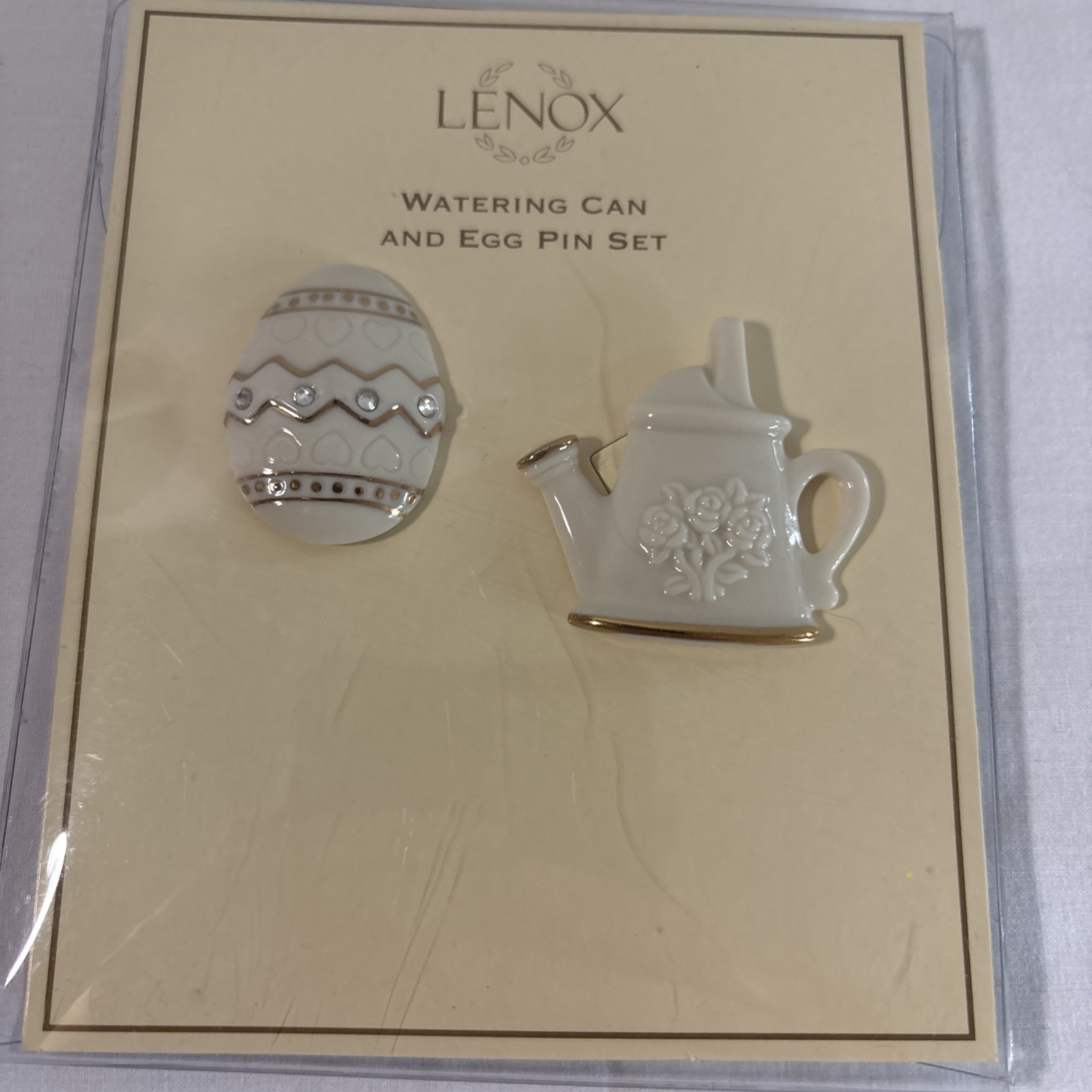 New Lenox Watering Can and Egg Pin Set w/24 Karat Gold Trim & Rhinestones