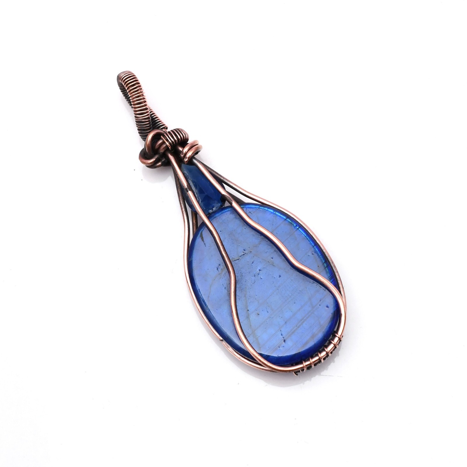 Blue Fire Labradorite Pendant Copper Wire Wrapped Handmade Jewelry Pendant 2.15″
