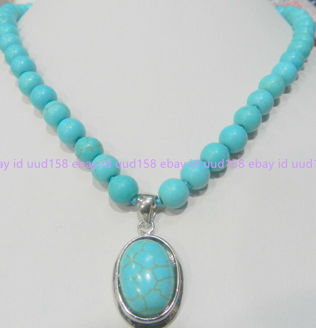 Genuine Natural 8mm Blue Turquoise Round Gemstone Beads Pendant Necklace18”