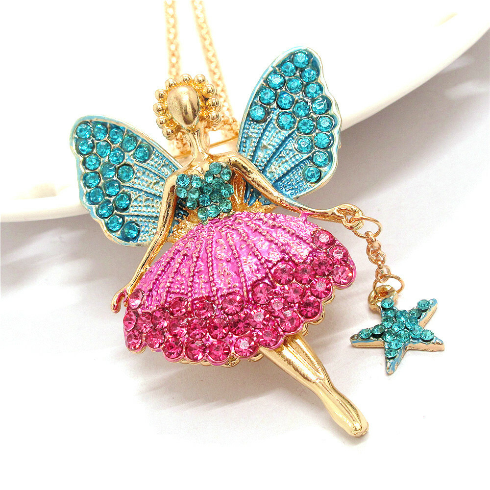 New Fashion Women Blue Pink Star Crystal Ballet Girl Fairy Angel Wing Necklace