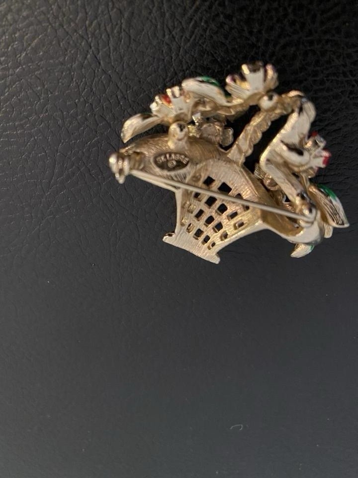 St. Labre Signed Enamel Metal Flower Basket Brooch Pin Gold Multicolor 1.5in