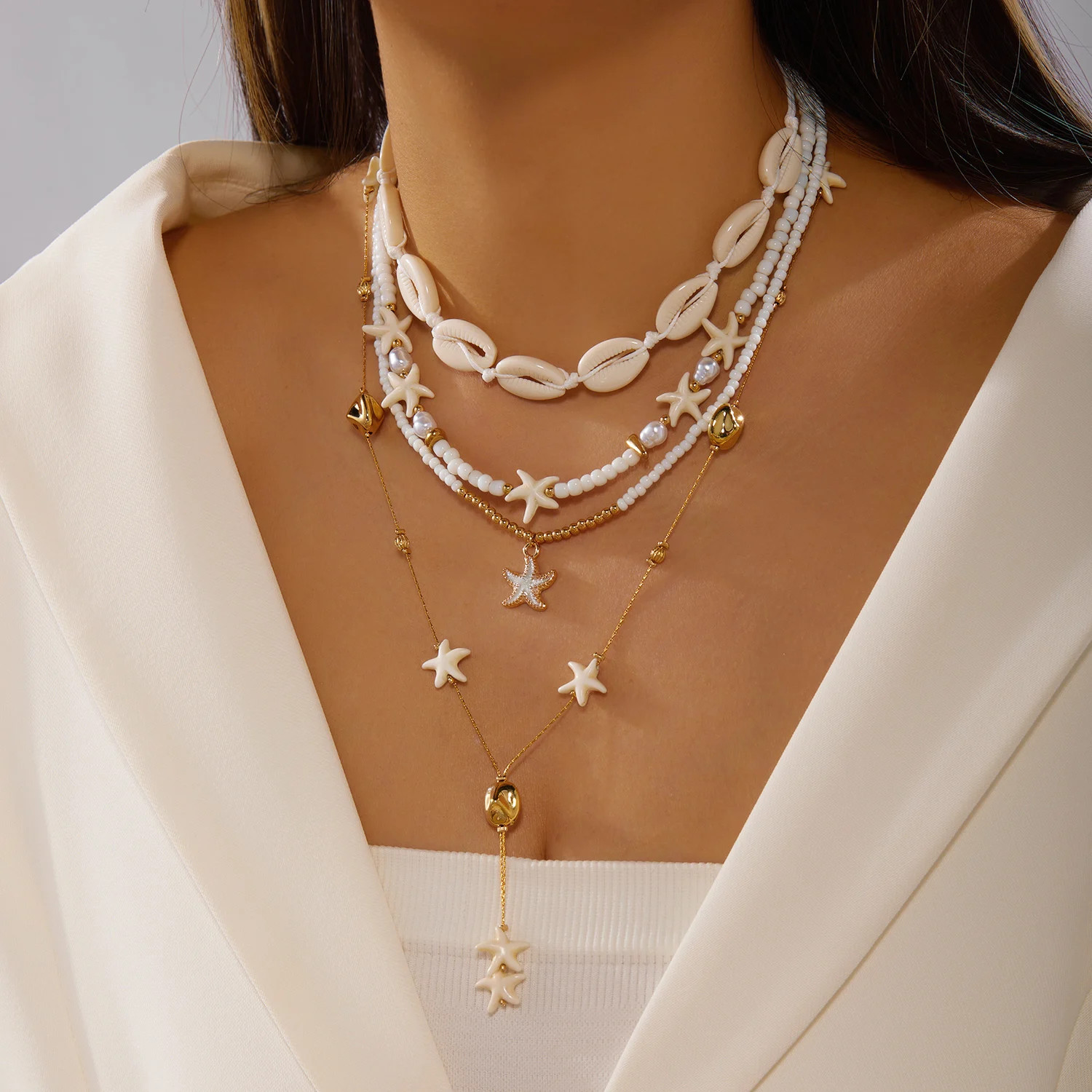 Bohemian Shell Starfish Tassel Necklaces Sets for Women Handmade Rice Bead Stack