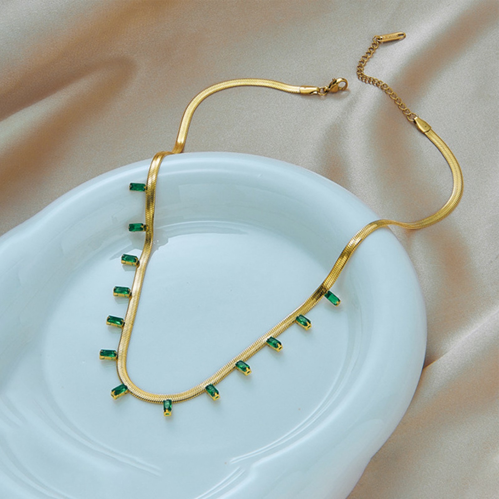 Designs & You Gold Plated Emerald Baguette Statement Snake Chain Necklace