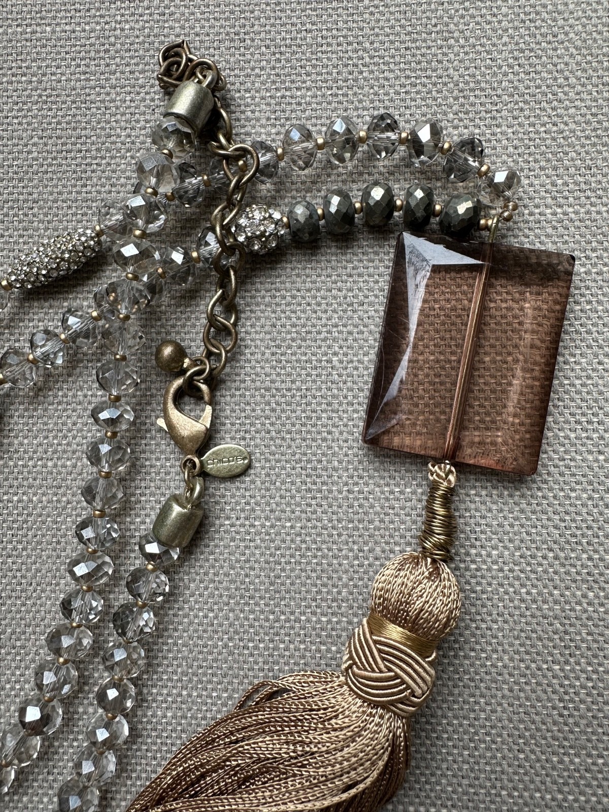 Vintage Chico’s Necklace Long Glass Beads Tassel Bronze Rhinestones 35 in