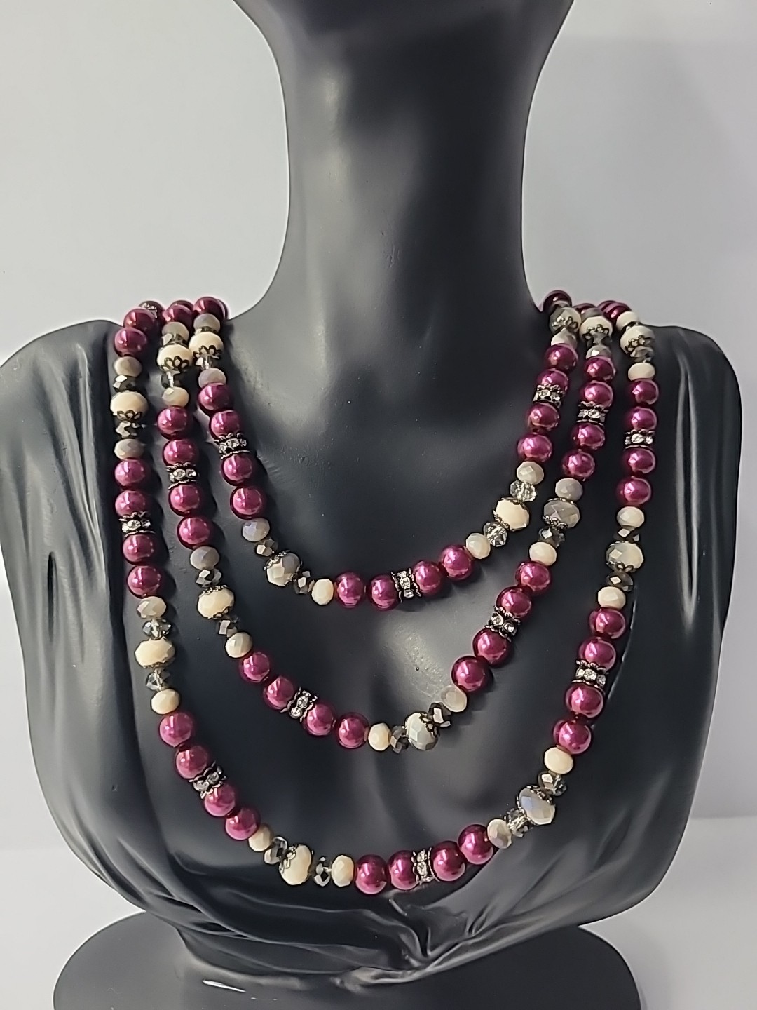 Vintage Necklace Beaded Pink Purple White Crystals Jewelry Costume