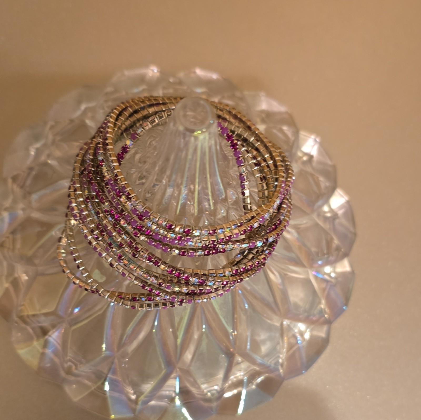 Stackable Gold Tone Metal Bangle Bracelet Set Pink & Clear Round Crystal Stones