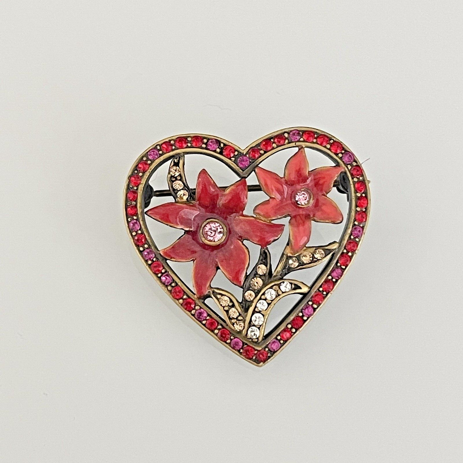 Heart Flower Brooch Pin Jay Strongwater – Red & Pink Enamel & Rhinestone